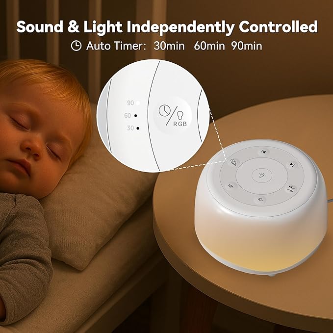 White Noise Sound Machine with 7 Colors Night Light 34 Soothing Sounds, Portable Sound Machine for Baby Adults Kids Sleep with 30 Volume Levels 4 Timers Adjustable Brightness (White) - Bloomnest