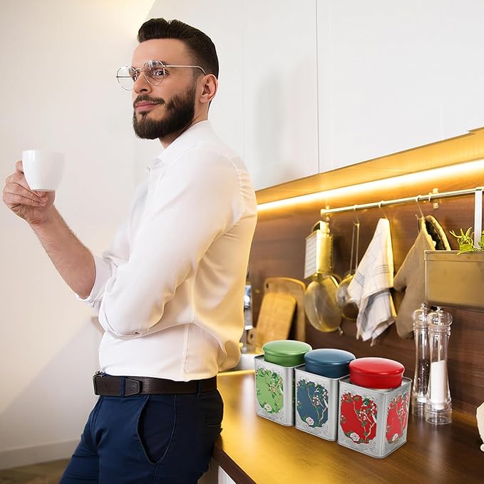 3 Pack Airtight Tea Tin Canister, 38 OZ Tinplate Empty Loose Tea Box, Chinese Style Jar with Double Lids, Matcha Tin Containers, Vintage Square Coffee Canisters for Candy Nut Spice Kitchen