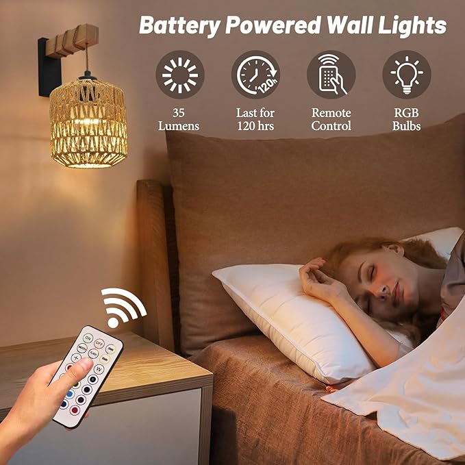 Battery Operated Wall Sconce Set of Two, Rechargeable Rattan Wall Sconces with Remote RGB 15 Colors Dimmable, Farmhouse Boho Wall Lights for Bedroom Living Room Entryway - Bloomnest