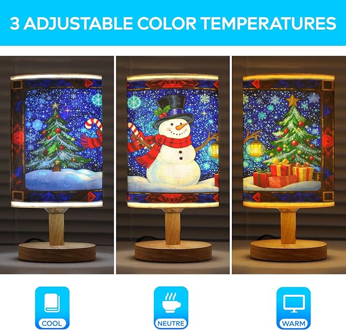 Cheerful Snowman Table Lamp LED 3-Color Pressed Bedside for Merry Christmas, Cheerful Snowman Shade Christmas Table Lamp with Wood Base for Bedroom Living Room Desk Office - Bloomnest