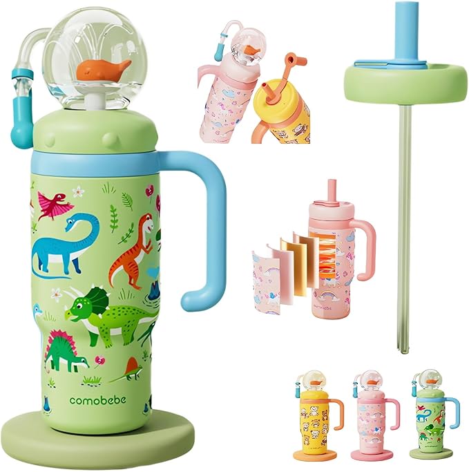Stainless Steel Whale Fountain Tumbler with Handle 2025 Drinking Cup with Whale Squirt Insulated Travel Tumblers Kids Weighted Sippy Cup No Spill Cute Water Bottle with Lids and Straws Leak Proof (A2) - Bloomnest