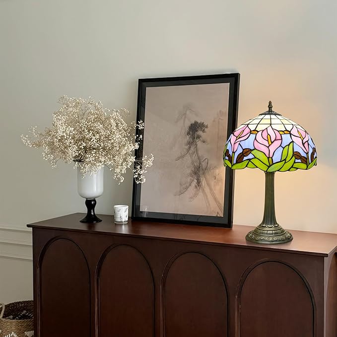 Tiffany Lamp 12 Inch Blue Pink Calla Lily Victorian Stained Glass Table Lamp Antique Bedside Reading Lamp For Bedroom Nightstand Office Light Dorm Room Decor Tiffany Style Retro Home Decoration Gifts - Bloomnest