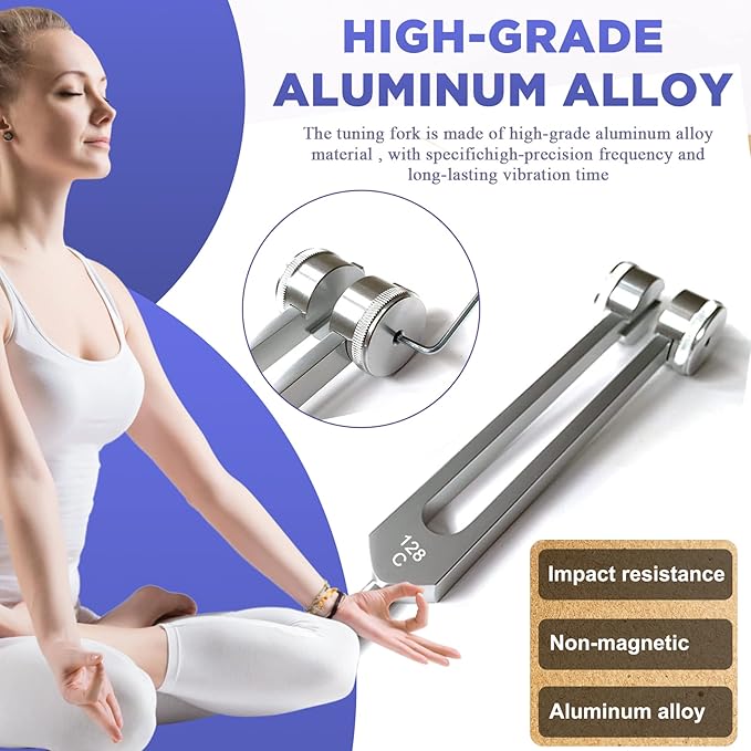 128 Hz Tuning Fork Weights Aluminum Clinical Grade Nerve/Sensory with Black Silicone Hammer, Cleaning Cloth and Felt Case, Non-Magnetic Aluminum Alloy - Bloomnest