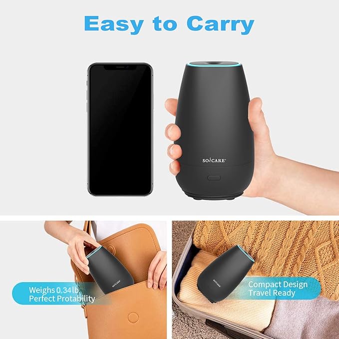 SOICARE Car Diffuser for Essential Oils, Small Portable Car Essential Oil Diffuser with Built-in USB Cable, Mini Aromatherapy Air Scent Humidifier Diffuser for Travel/Office/Home (Elegant Black) - Bloomnest