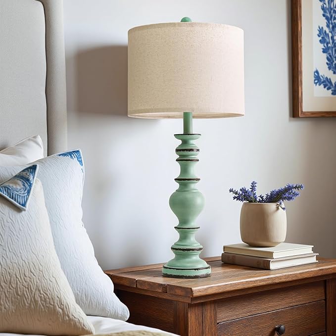 BOBOMOMO 27" Distressed Teal Table Lamps Set of 2, Large Coastal Farmhouse Resin Lamps with Linen Shades, Blue Green Lamps for Living Room, Bedroom, or Console Table Home Décor - Bloomnest
