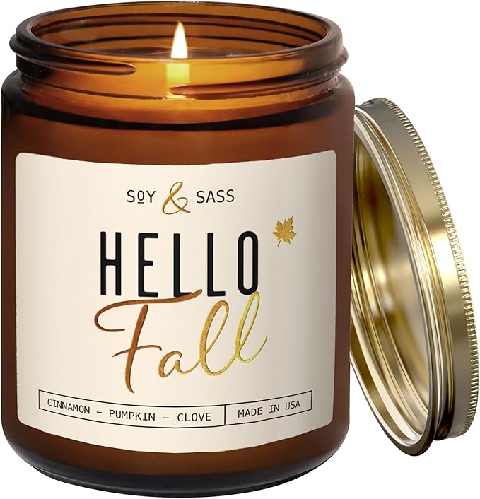 Fall Candles - 'Hello Fall Scented Candle' w/Cinnamon, Pumpkin & Fir I Infused with Essential Oils Autumn Scented Soy Candles for Home Décor, 9oz Reusable Jar, 50Hr Burn, Made in USA - Bloomnest