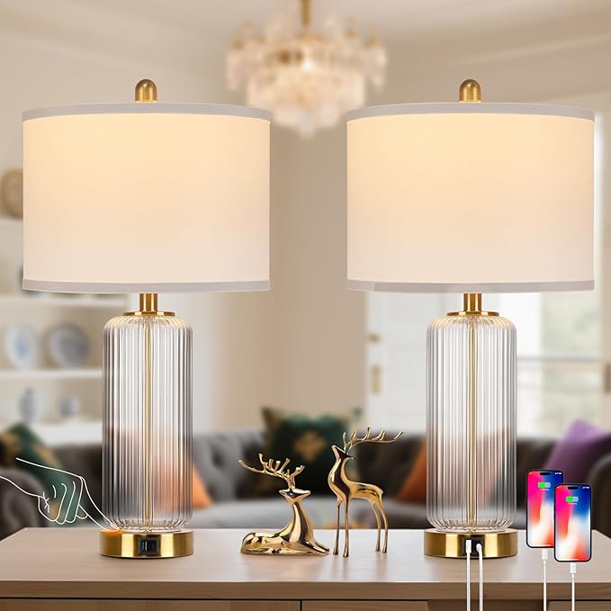Table Lamps Set of 2 with Touch Control, 27" Modern Glass Bedside Lamps with USB A+C Ports, 3-Way Dimmable Nightstand Lamp with Vertical Grained Glass, Bedside Table Lamps, Desk Lamp for Bedroom - Bloomnest