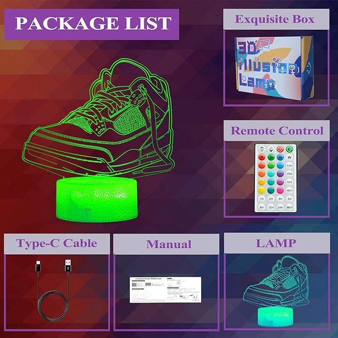 Sneaker Gifts, Sport Shoes, Sneaker Gifts, 3D Illusion Night Light Lamp, 16 Colors Changing, Timer, 4 Flash Modes and Dimmable, Kids Room Decoration, Xmas Gifts - Bloomnest