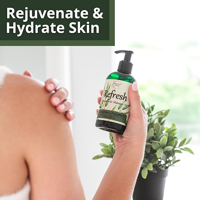 Refresh Massage Oil for Massage Therapy with Eucalyptus & Peppermint Essential Oils - All Natural Sore Muscle Relief. Ideal for Full Body Relaxation – Nut Free Formula 8oz - Bloomnest