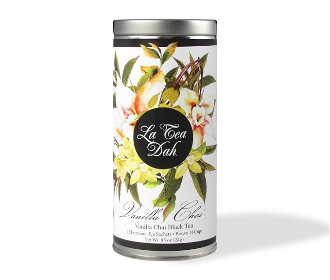 Vanilla Chai Black Tea by La Tea Dah, Premium Spiced Chai Tea Bags made with Organic Black Tea Leaves, Cardamom, & Vanilla, Floral Tea Gift Collection, Contains Caffeine (12 Sachets) - Bloomnest