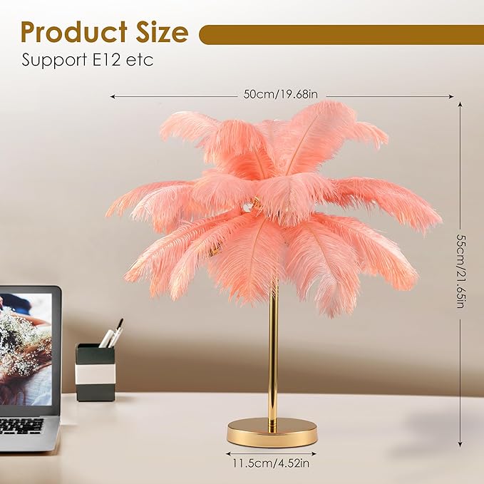 MAYOLA Modern Ostrich Feather Table Lamp with Plug in Wire,3-Light Bedside Floor Lamp for Living Room, Bedroom and Office 24” Tall Feather Desk Lamp (Pink, Table Lamp-Metal) - Bloomnest