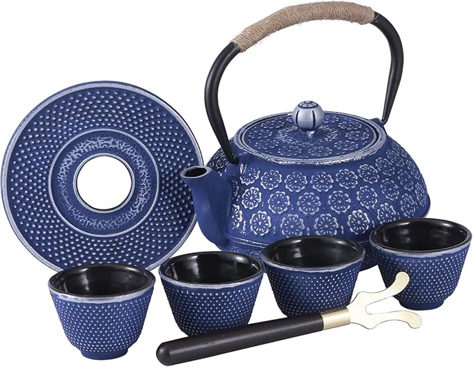 Ufine Blue Floral Cast Iron Teapot Set Japanese Style Tetsubin Tea Kettle with 4 Cups, Stainless Steel Infuser for Stove Top Tea Brewing 28 oz - Bloomnest