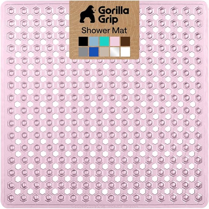 GORILLA GRIP Patented Square Shower Stall Mat, Small Bathtub Floor Mats for Stand Up Showers, Suction Cups and Drainage Holes, Machine Wash, Soft on Feet, Bathroom Accessories 21x21 Inch, Light Pink - Bloomnest