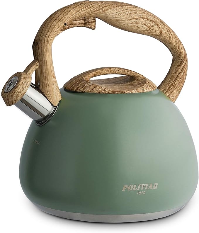 Poliviar Tea Kettle, 2.7 Quart Seaweed Green Finish with Wood Pattern Handle Loud Whistle Food Grade Stainless Steel Teapot, Anti-Hot Handle and Anti-Rust, Suitable for All Heat Sources (JX2020-SB30) - Bloomnest