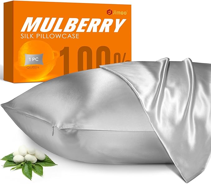 100% Mulberry Silk Pillowcase for Hair and Skin, 22 Momme Pure Natural Silk Pillow Case Both Sided with Zipper, Pillow Cover for Women Mom Men(Silver Grey, Queen 20''×30'', 1 Pack) - Bloomnest