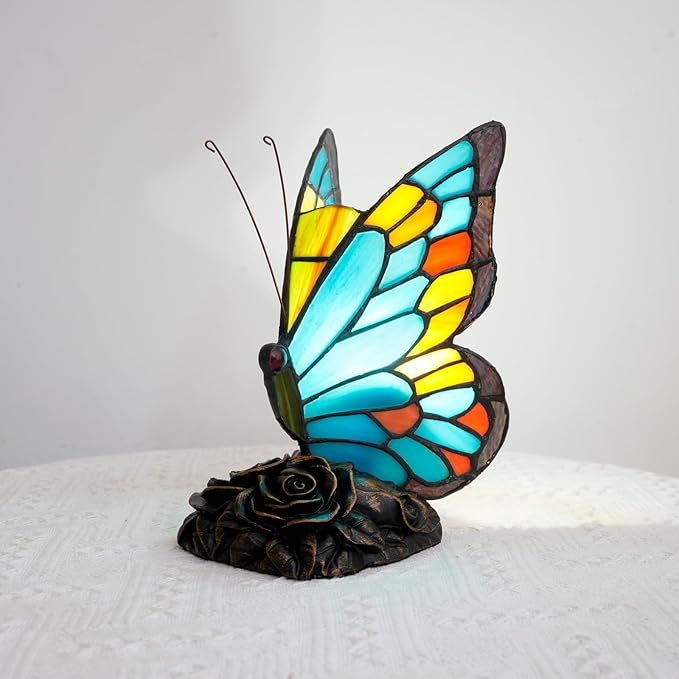 Sky Blue and Orange Bedside Lamp Cute Fun Butterfly Small Tiffany Lamp Vintage Style Stained Glass Table Lamp for Bedroom Dorm Decor Unique Nightstand Night Light Kids Gift Desk Lamps Rose Base - Bloomnest