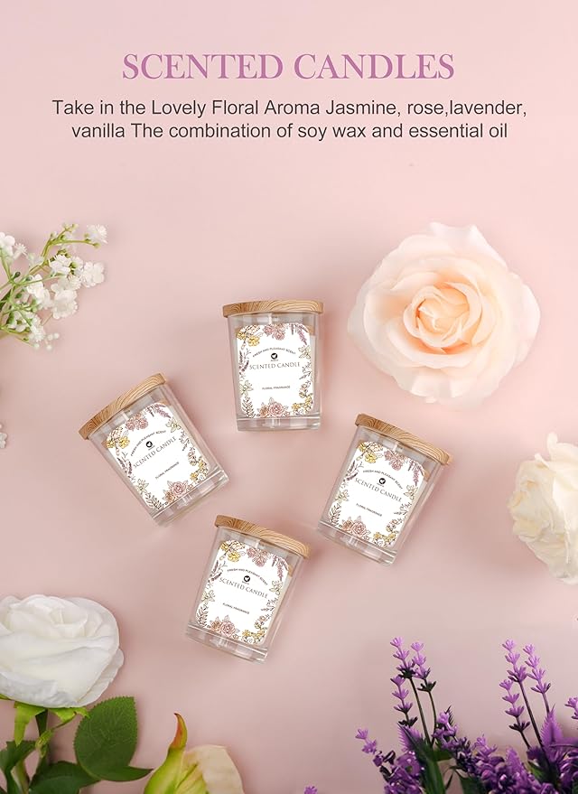 Scented Candles Set 4pcs- Rose, Lavender, Vanilla, Jasmine Fragrance, Suitable for Women, Birthday, Bath Yoga, Wedding - Bloomnest