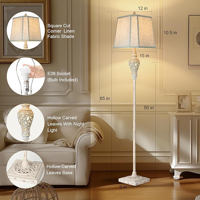 Rustic Floor Lamp 65'' Tall with Nightlight Cut Corner Linen Fabric Shade Vintage Standing Lamp for Living Room, Bedroom, Office, House (Bulb Included) - Bloomnest
