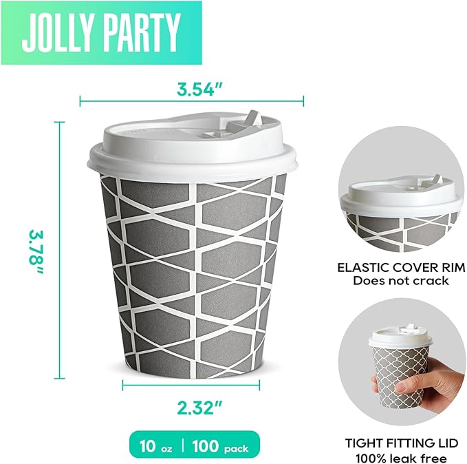 JOLLY PARTY Disposable Coffee Cups with Lids -10 oz (100 Sets) To Go Coffee Cups, Paper Cups for Beverages Espresso Tea, Suitable for Cafes, Offices and Home - Bloomnest