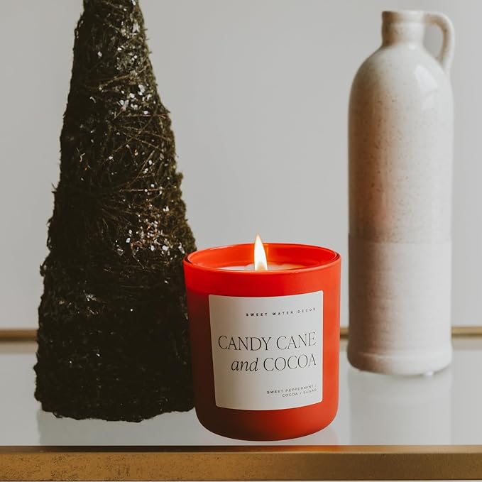 Sweet Water Decor Candy Cane and Cocoa Christmas Scented Candles - Christmas Stocking Stuffers Soy Candles Vanilla Scent - Christmas Candles with 70 Hours Burn Time - 15Oz Red Matte Jar Wax Candles - Bloomnest