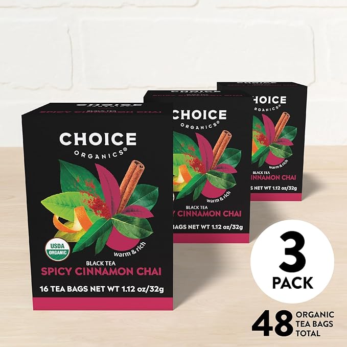 Choice Organics - Organic Spicy Cinnamon Chai Tea (3 Pack) - Rainforest Alliance - Contains Caffeine - 48 Organic Black Tea Bags - Bloomnest
