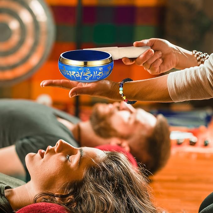 BBTO Tibetan Singing Bowls Set for Healing 3.4'' Meditation Sound Bath Bowl 7 pcs Chakra Crystal Stones Mallet Cushion Chakra Bracelet Pendant(Blue) - Bloomnest