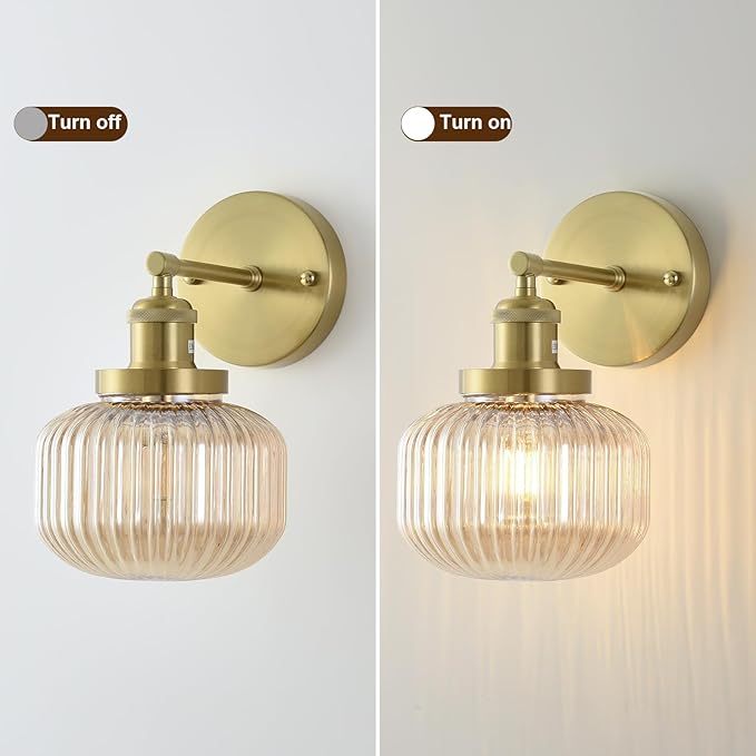 Vintage Wall Sconces with Amber Pumpkin Glass Lampshade, Indoor Bathroom Wall Sconce, Modern Gold Industrial Lighting Fixture for Mirror Living Room Hallway 1 Pack - Bloomnest