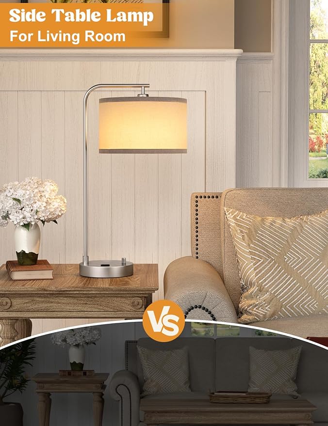 Gray Side Table Lamp with USB Port and Outlet, Dimmable Nightstand Bedside Lamps with Linen Lampshade, Desk Lamp for Bedroom, Living Room, Guest Room, Home Office, LED Bulb Included - Bloomnest