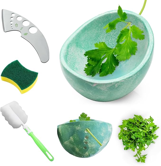 Frstem 2pcs Pottery Herb Stripper (Green Bowl+Herb Stripper),Handmade Ceramic Herb Stripper with Different Sizes of Round Holes,Kitchenware for Efficient Leaf Stripping - Bloomnest