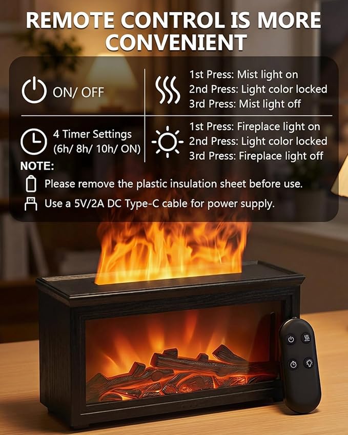 Essential Oil Diffuser, 7-Color Fireplace Fire Flame Aromatherapy Humidifier, 280ml Ultrasonic Aroma Diffuser Valentine's Day Gift with Time Sets and Remote Control for Bedroom Home Yoga Office - Bloomnest