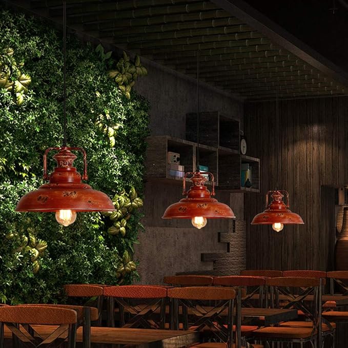 NIUYAO Vintage Pendant Light Retro Red Rust Finish Industrial Barn Suspension Single Light Metal Chandeliers Indoor Decoration