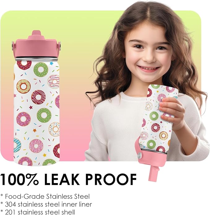 Donut Lover Gifts for Kids - 16oz Insulated Stainless Steel Water Bottle with Straw Lid, Leakproof BPA-Free Tumbler for School, Travel - Cute Donut Design Kids Cup for Boys & Girls (1pc) - Bloomnest