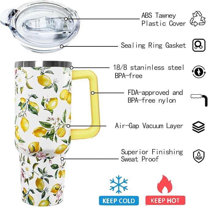 Ceovfoi 40 oz Lemon Print Stainless Steel Tumbler With Lid and Straw - Yellow Coffee Travel Mug Cup Water Bottle - Gifts for Lemon Lovers - Bloomnest