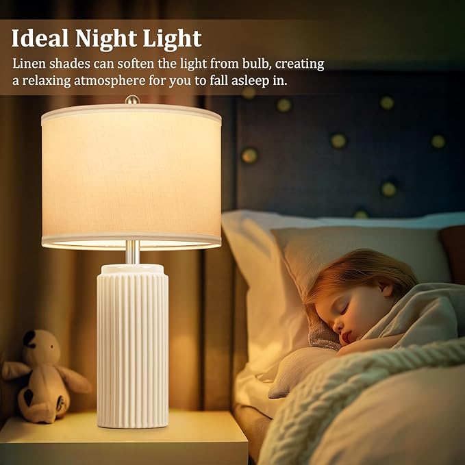 23.5’’ Beige Modern Ceramic Table Lamps Set of 2 for Living Room, Farmhouse Bedside Lamps with Upgraded White Linen Shade, Rustic Nightstand Lamps for Bedroom Home Office, Vintage End Table Dorm - Bloomnest