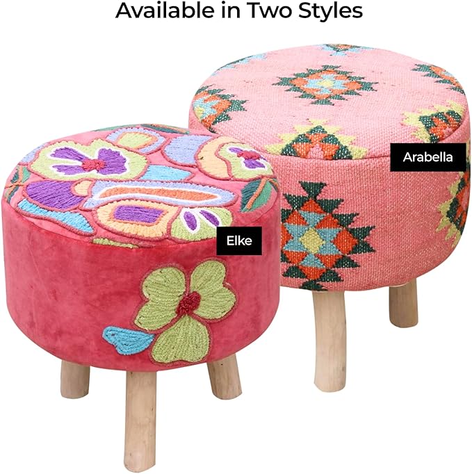 Arabella Pink Kilim Pouf Ottoman – 16" Round Handwoven upholstered Foot Stool with Washable Cover – Accent Knockdown Stool for Bedroom, Living Room, cottagecore, Boho & Farmhouse Decor - Bloomnest