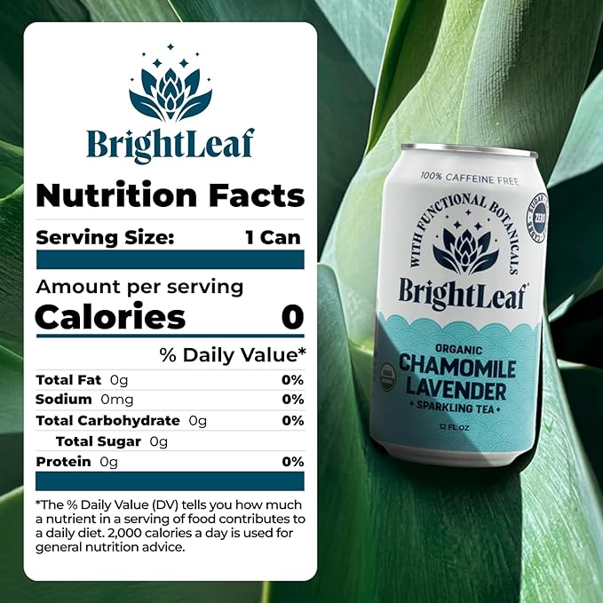 BrightLeaf Regenerative Organic Sparkling Tea, Chamomile Lavender 12 oz Cans (Pack of 12) – Zero Sugar & Zero Calories – Organic Herbal Tea Drink – Mood-boosting ingredients – Craft Brewed Botanical Beverage - Bloomnest