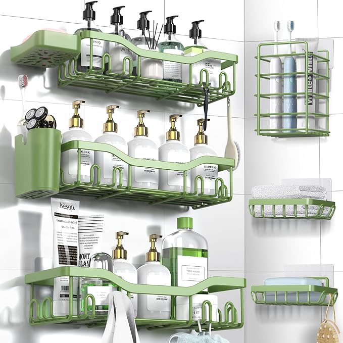 Shower Caddy Adhesive Shower Organizer 8-Pack, Rustproof Stainless Steel Bathroom Shelves, Large Capacity No-Drill Rack Storage Accessories with Soap Dish Toothbrush Holder Hooks - Bloomnest