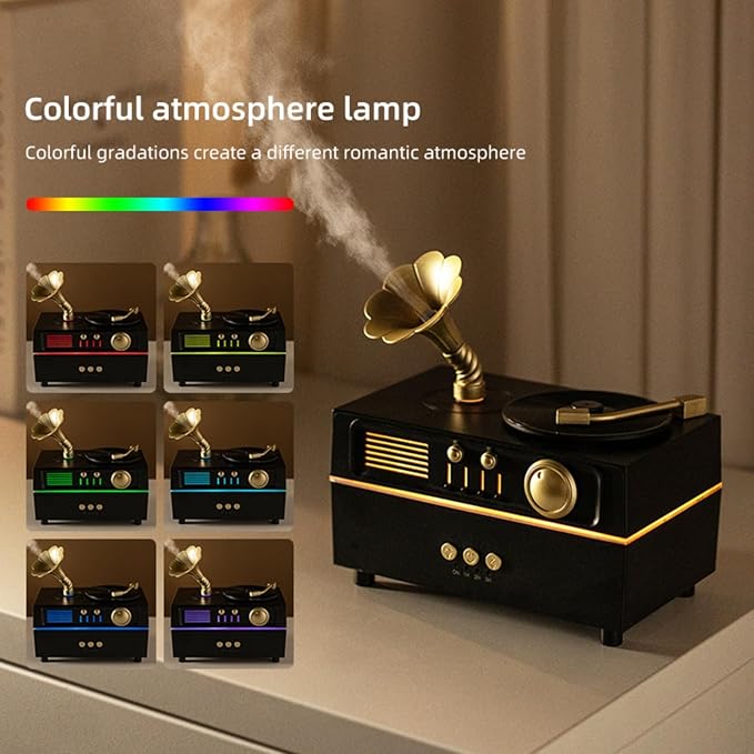 Daroma Essential Oil Diffuser, Retro Phonograph Design with Music Player, 7-Color LED Lights, Low-Noise Aromatherapy Humidifier for Home Office, Unique Gift Idea (Black) DaromaLife