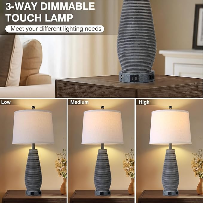 Farmhouse Table Lamps Set of 2 with USB C+A Ports and AC Outlet, 3 Way Touch Rustic Bedside Lamps for Living Room, 26.5" Grey Vintage Lamps for Bedroom Nightstand - Bloomnest