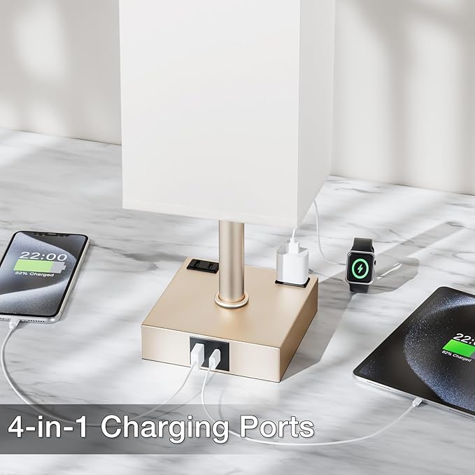 Antique White Touch Table Lamp - Mochaca Gold Bedside Lamp with USB A + Type C Charging Ports and Two AC Outlets, Small Night Stand with E26 LED Bulb, Desk Light for Bedroom Living Room Office Dorm - Bloomnest
