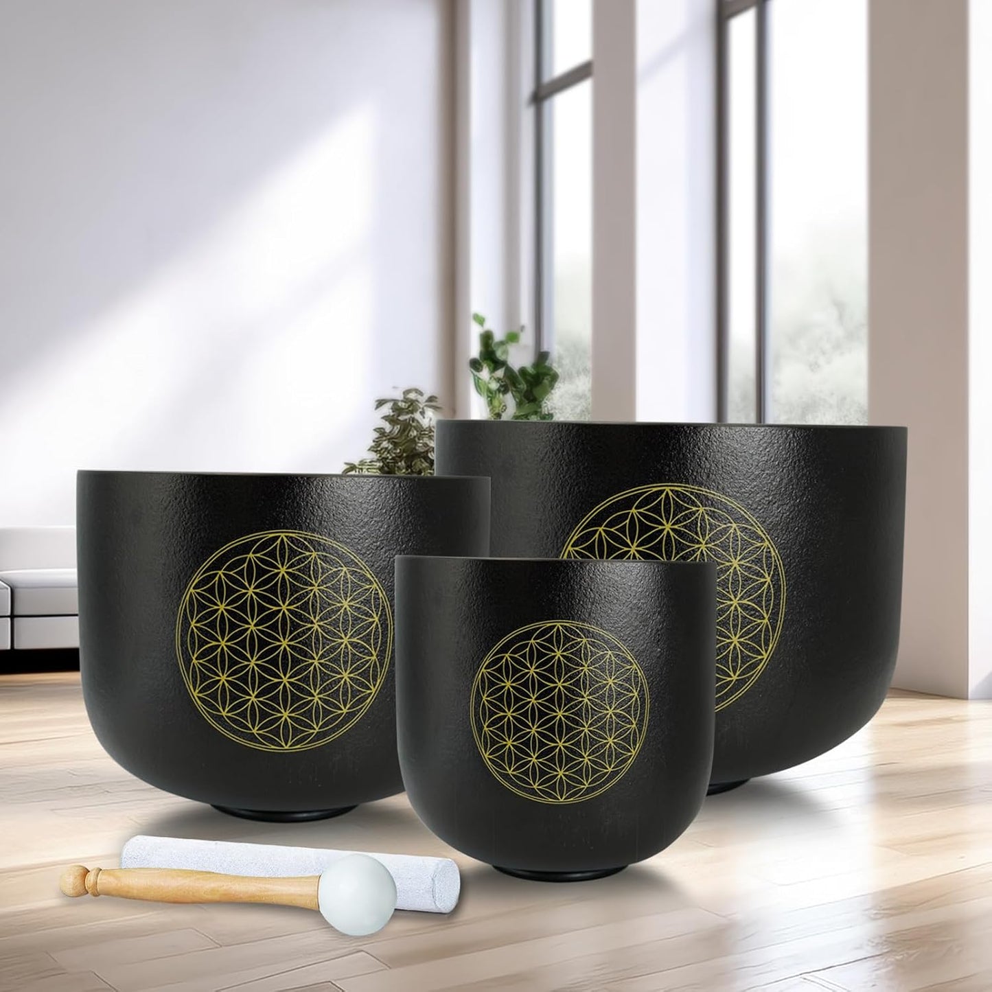 Set of 3 Singing Bowls Flower of Life Black 6-10 inch 6"A 8"F 10"C Frosted Chakra Quartz Crystal Sound Healing Crystal with 1 Mallet Suede 1 Striker 3 O-rings