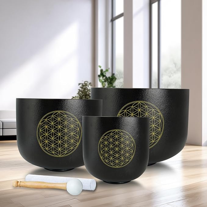 Set of 3 Singing Bowls Flower of Life Black 6-10 inch 6"A 8"F 10"C Frosted Chakra Quartz Crystal Sound Healing Crystal with 1 Mallet Suede 1 Striker 3 O-rings - Bloomnest