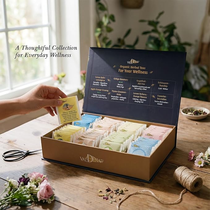 Valdena Bio Organic Herbal Teas for Your Wellness Tea Sampler Gift Caffeine Free 8 Flavors Assorted Tea Sets Variety Pack 64 Individually Wrapped Tea Bags Gift for Tea Lovers - Bloomnest