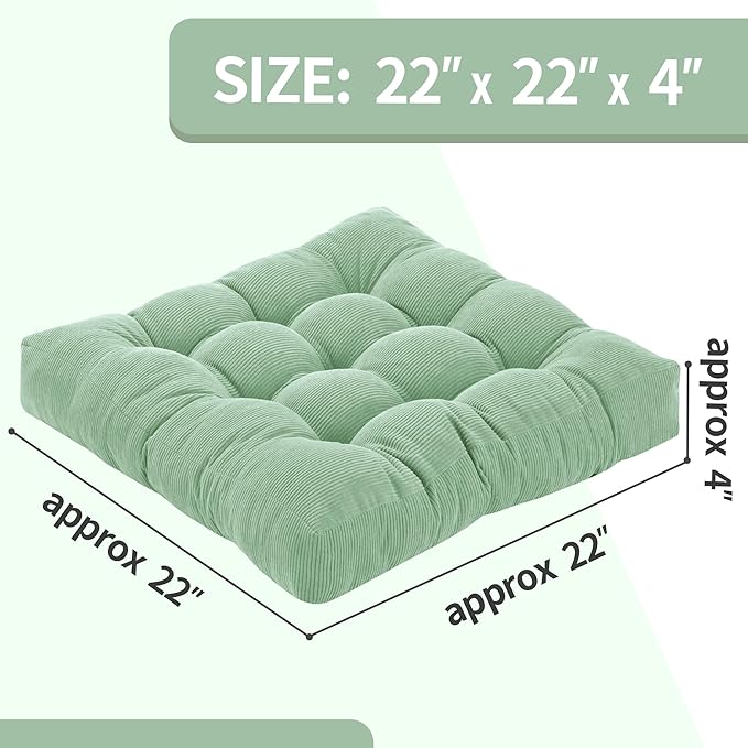 Floor Pillow Cushions for Adults Sitting Large Big Pillows for Floor Seating Square Memory Foam Thick Tufted, 22 x 22 Inch, Set of 2, Green - Bloomnest