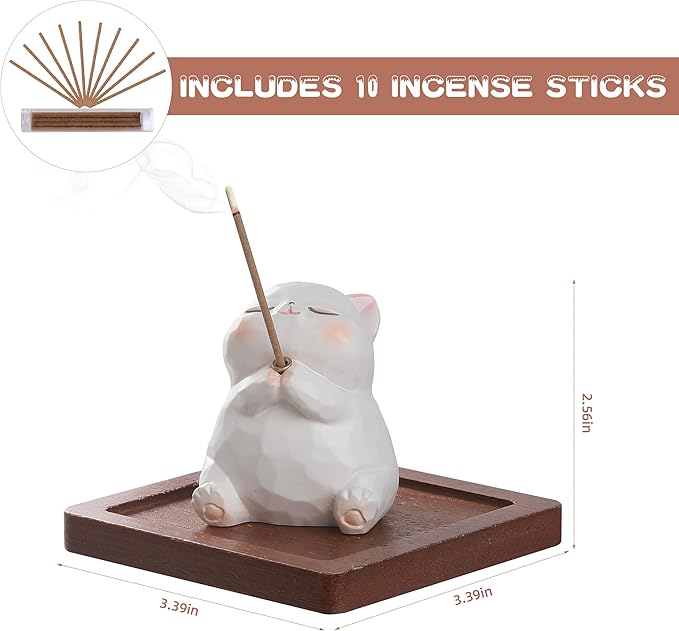 Lionpower Incense Holder for Sticks with Burner & Ash Catcher - Resin Cat, Wooden Tray, 10 Incense Sticks for Meditation Yoga Spa, Cute Home Decor Room Accessories (Cat)