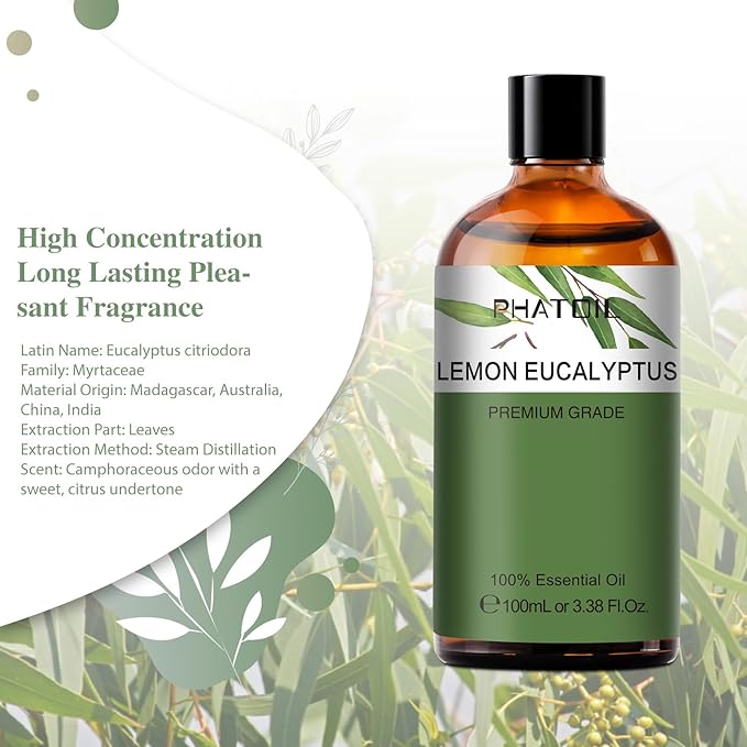 Lemon Eucalyptus 3.38fl.oz Essential Oil, PHATOIL Aromatherapy Essential Oils for Diffuser, Humidifier, Perfect for DIY Soap, Candle, Bath Bombs Making(100ml) - Bloomnest