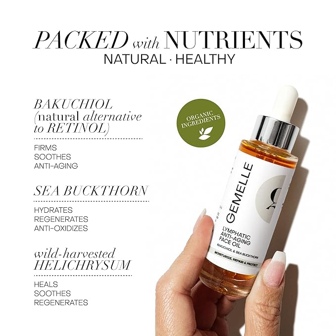 GEMELLE Lymphatic Anti-Aging Face Oil | 10x Award Winner | Vitamin C,E,A | Moisturize, Repair & Protect | Premium Natural Botanical Oil | Use with Face Massage, Lymphatic Drainage Massager - 30ml - Bloomnest