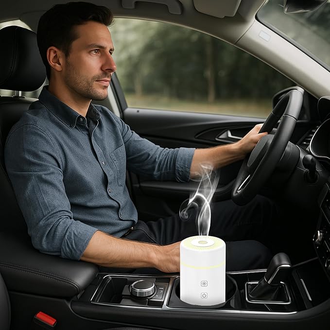 100ML Car Essential Oil Diffuser, Rechargeable Battery Powered, Cordless Portable Humidifier with 7 LED Color Changing Lights for Travel (White) - Bloomnest