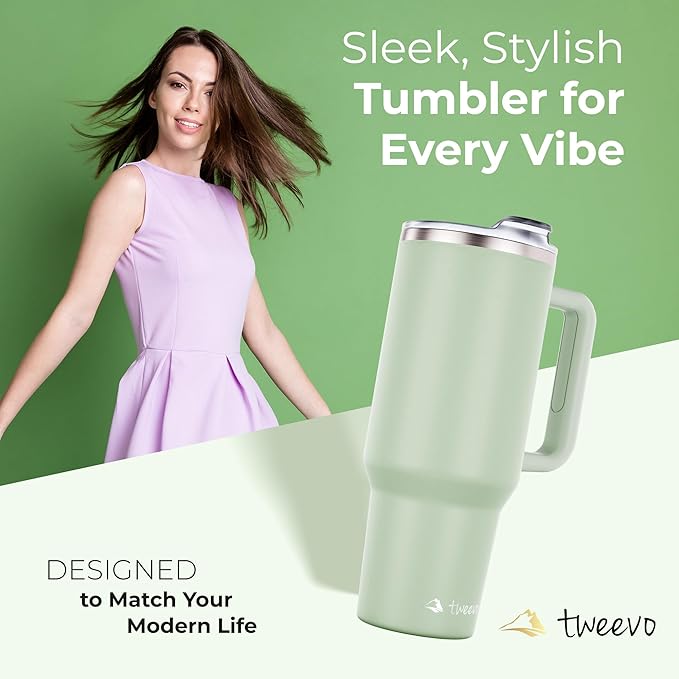 40 oz Tumbler With Handle and Straw Made of Stainless Steel - Double Wall Vacuum Insulated Tumbler With Lid - Sweat Proof Easy Grip, BPA-Free, Dishwasher Safe Tumbler (Sea Sage) - Bloomnest