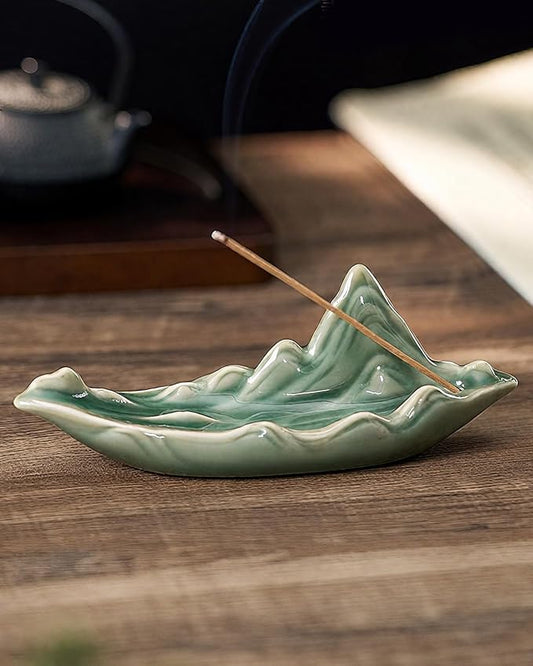 Zen Incense Stick Holder with Ash Catcher – Chinese Rivers & Mountains Landscape Ceramic Boat Incense Burner for Home, Spa, Meditation, Yoga